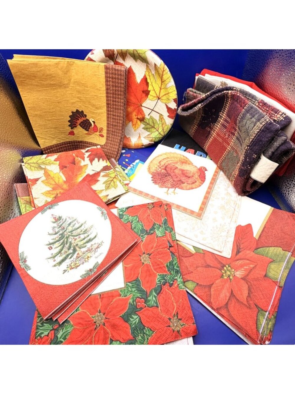 Seasonal Napkin Lot Paper Plates Cloth Napkins Craft Lot Thanksgiving Christmas